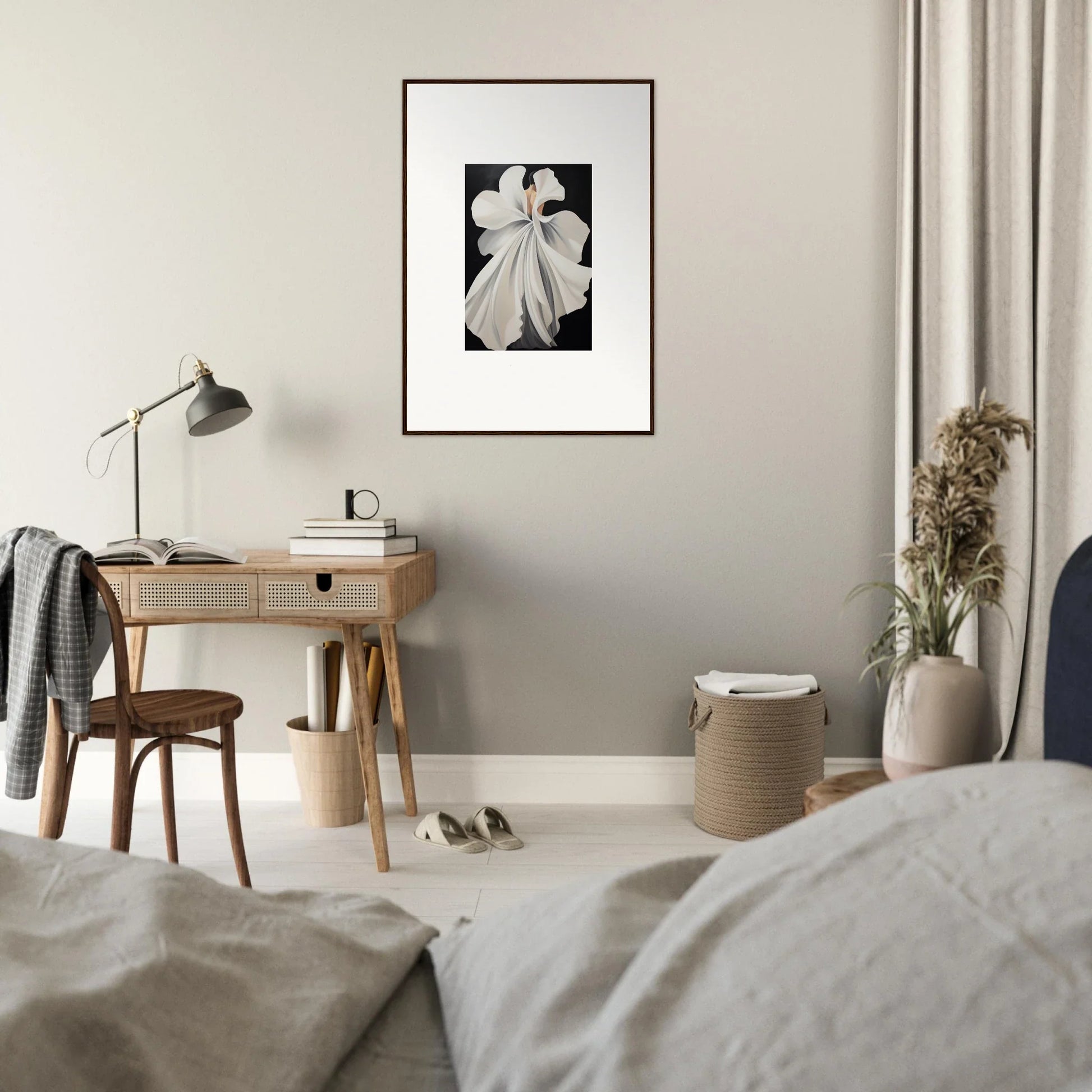 Framed black and white photograph of a magnolia flower for elegant room decor