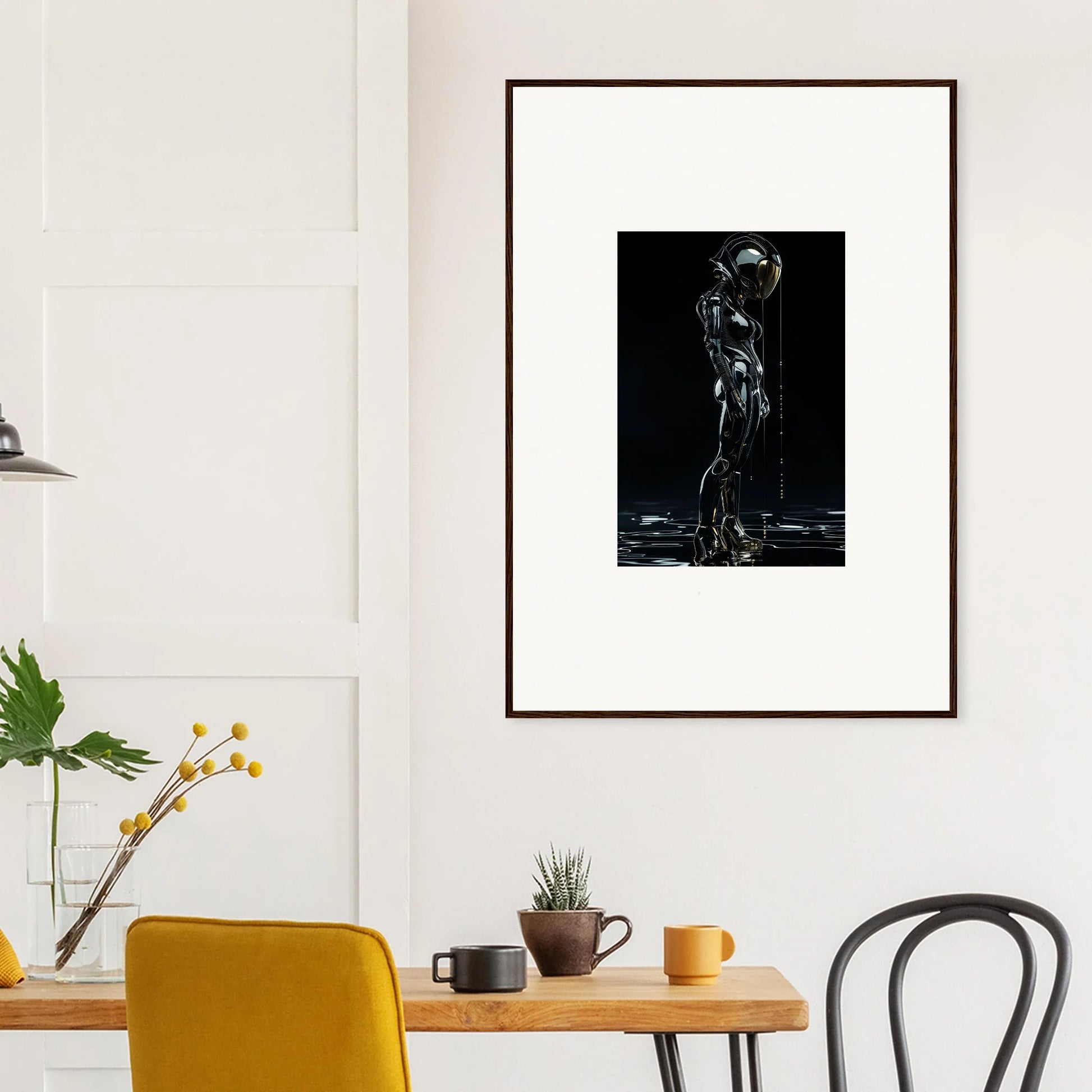 Framed black and white photograph of a figure in a spacesuit for stylish room decor