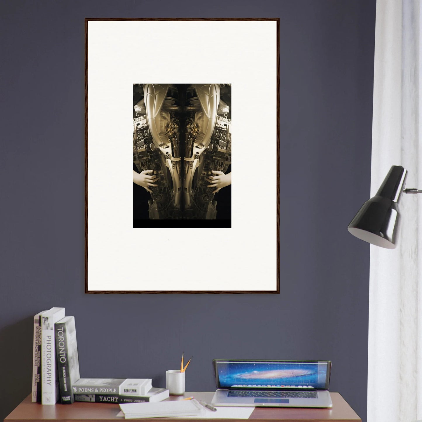 Framed black and white photograph of torso and hands for elegant room decor