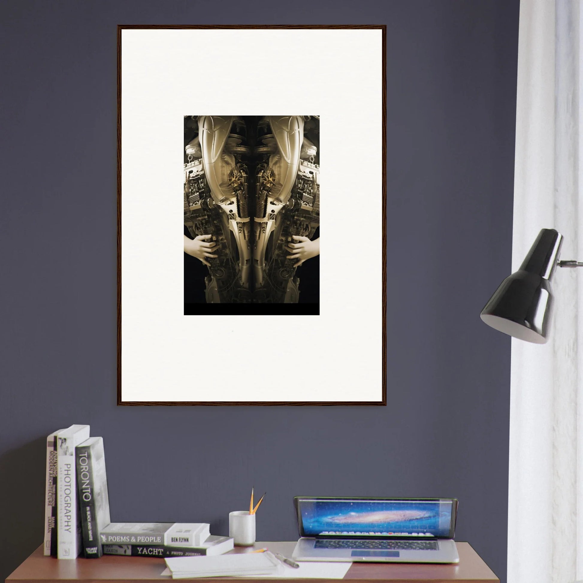 Framed black and white photograph of torso and hands for elegant room decor