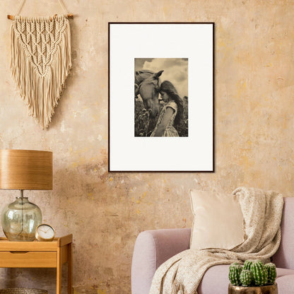 Framed black and white photograph of a person with a horse for room decor whisper forever