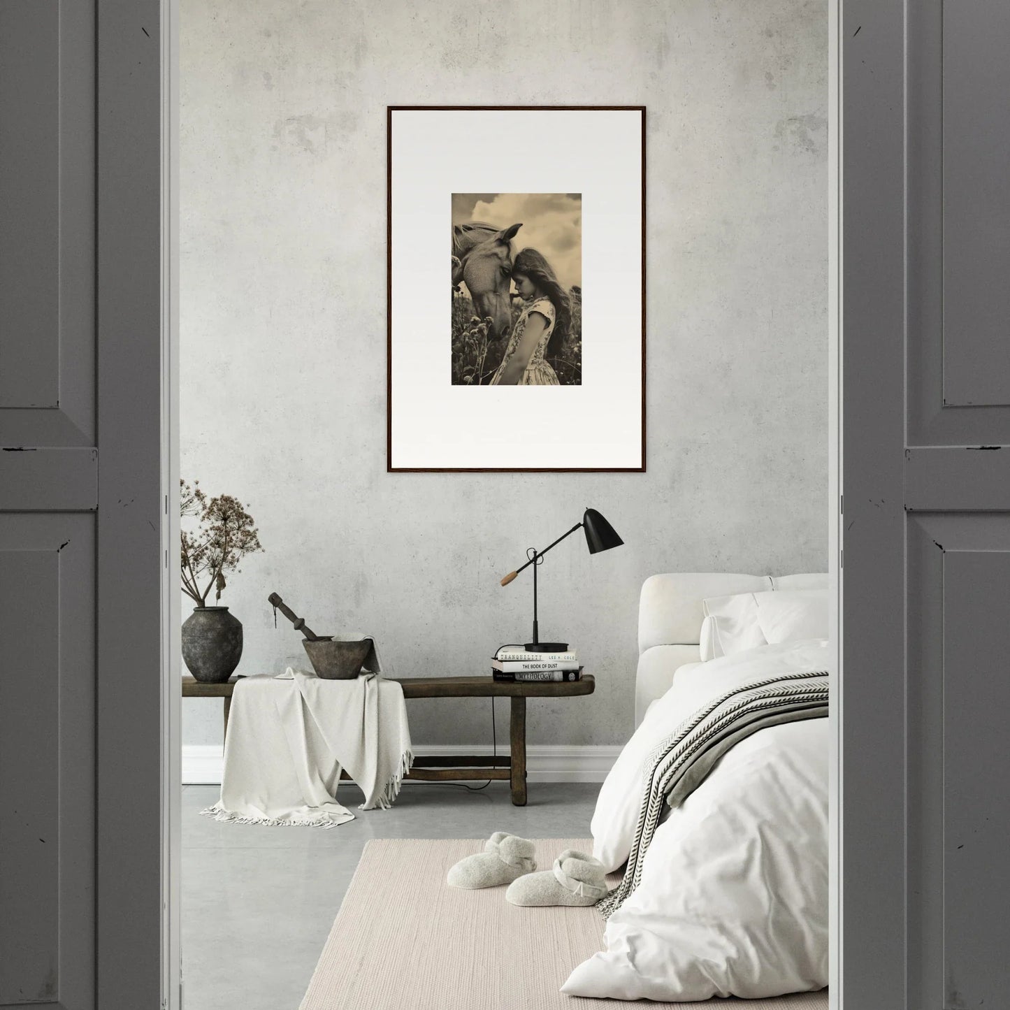 Framed black and white horse and rider photograph for whisper forever room decor