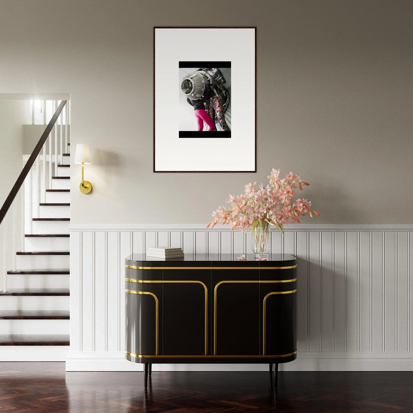 Framed black and white astronaut photo with pink boots for unique room decor