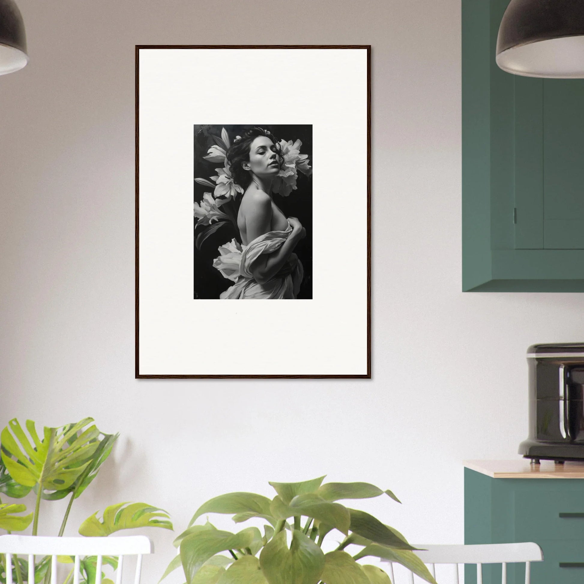 Framed black and white photograph of a woman with flowers for vineyard enigma room decor