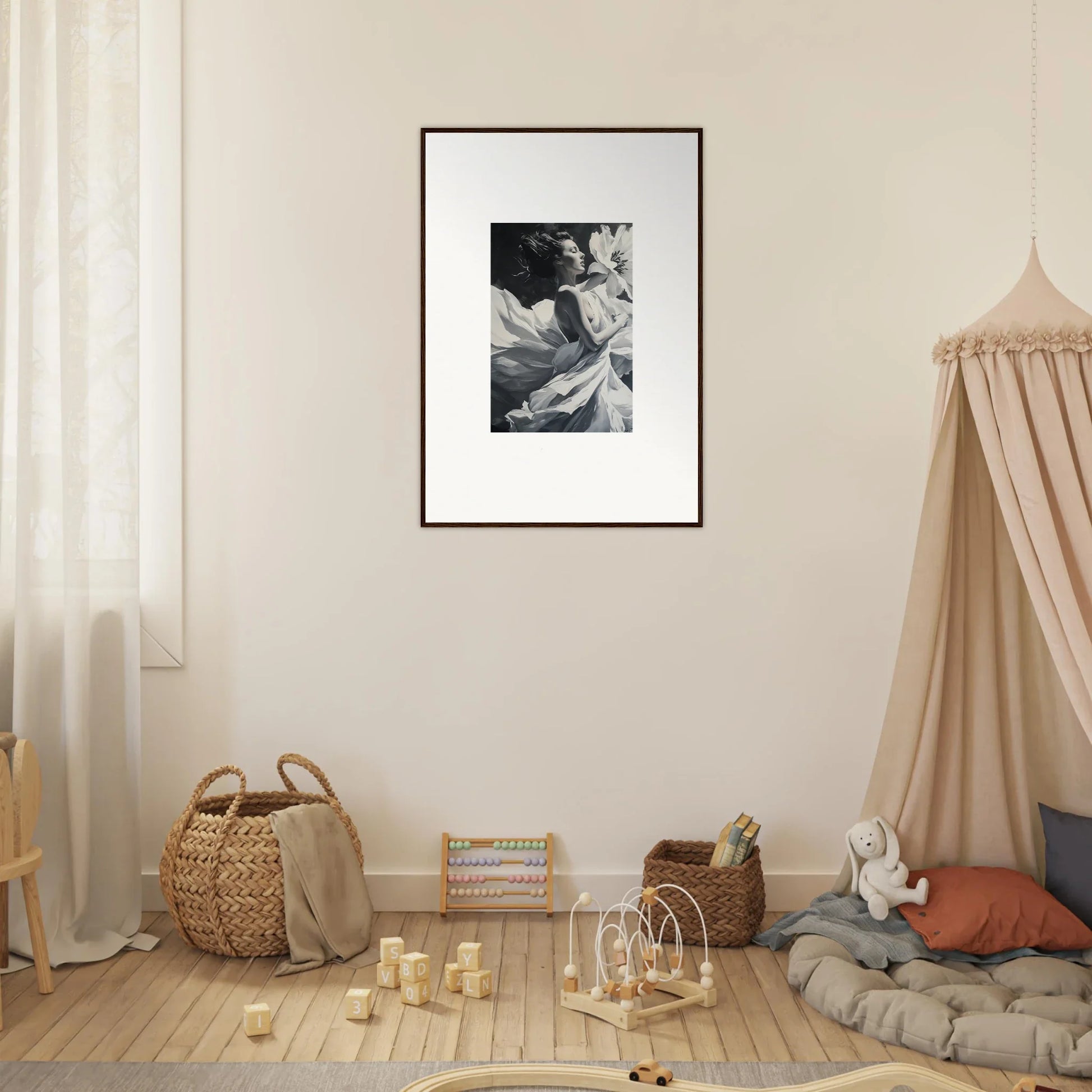 Framed black and white photograph enhancing Blush Reverie room decor as stylish wall art