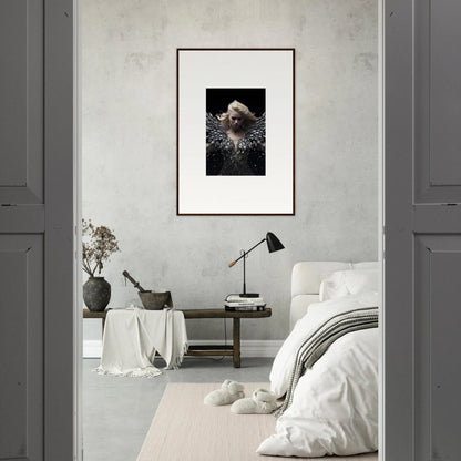 Framed black and white portrait with ruffled collar for elegant room decor in Phantom Reverie