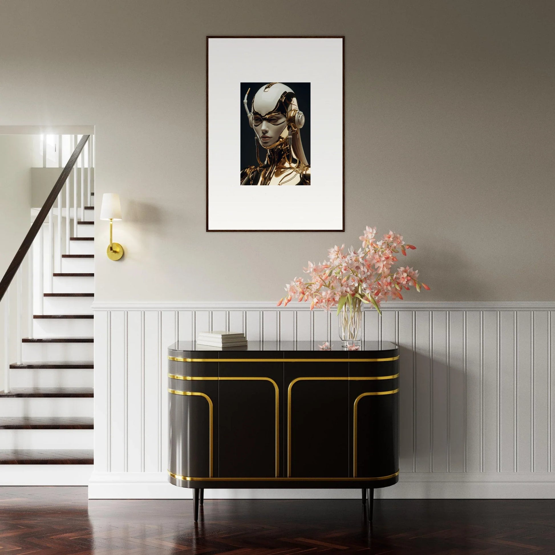 Framed black and white portrait above decorative console table for elegant room decor