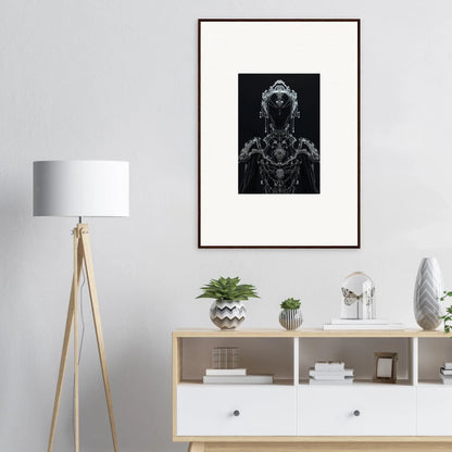 Framed black and white portrait featuring intricate jewelry for unique room decor