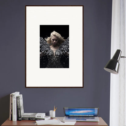 Framed black and white portrait with wing elements for elegant room decor, Phantom Reverie