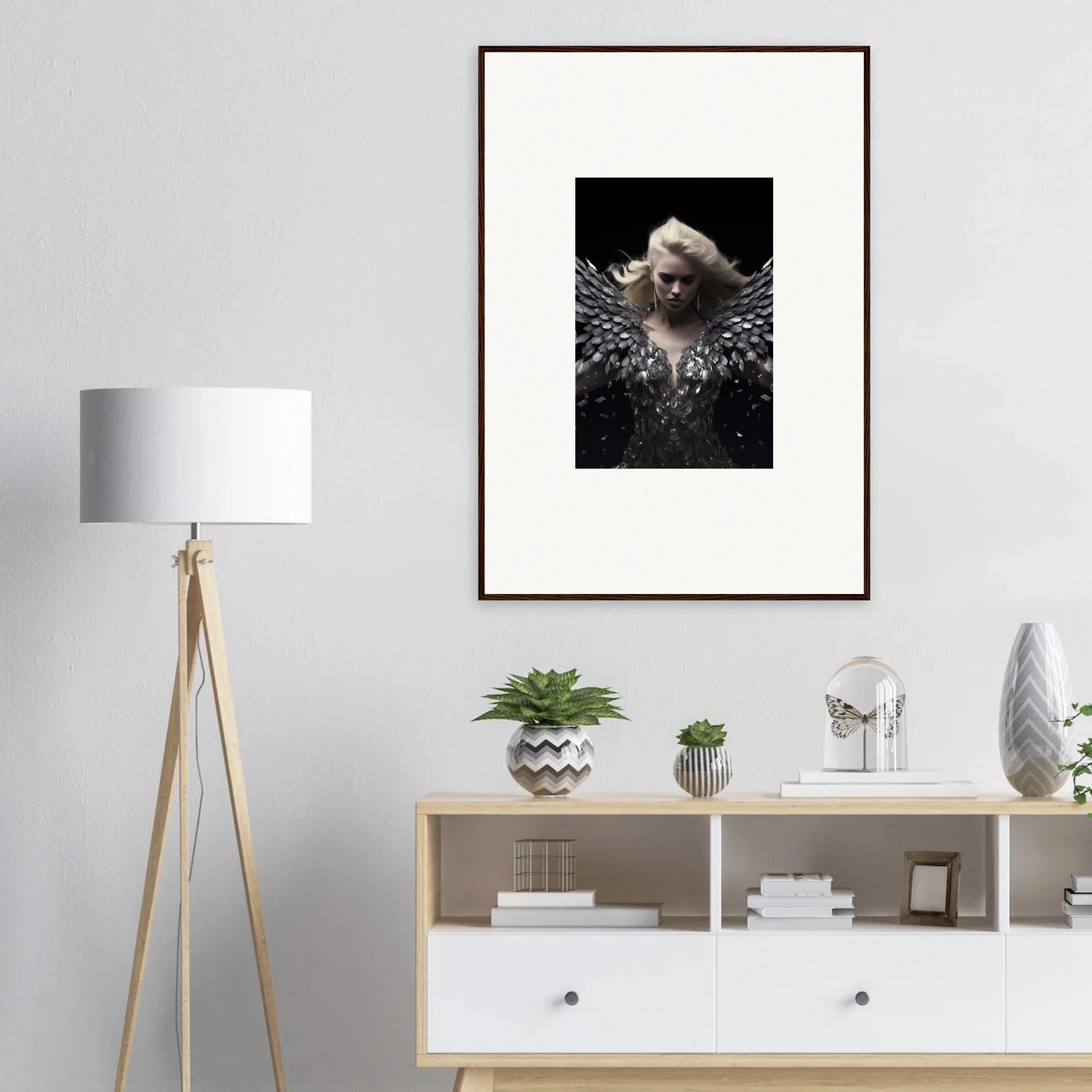 Framed black and white portrait with feathered shoulders for Phantom Reverie room decor