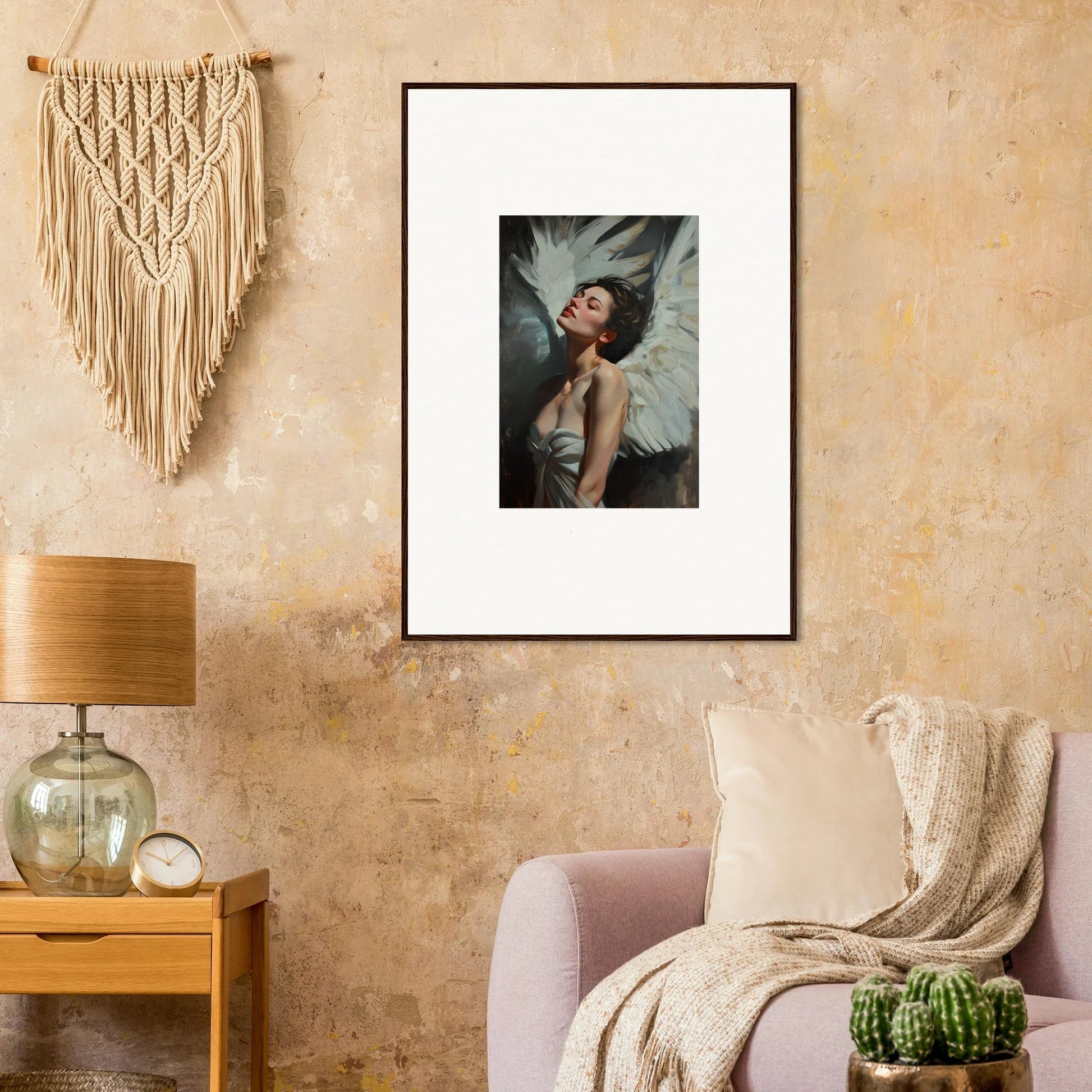 Framed black and white portrait of a woman showcasing feathered elegance for room decor