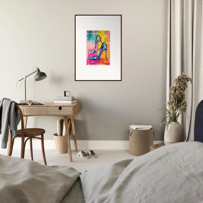 Framed colorful abstract artwork of a high-heeled shoe for stylish room decor