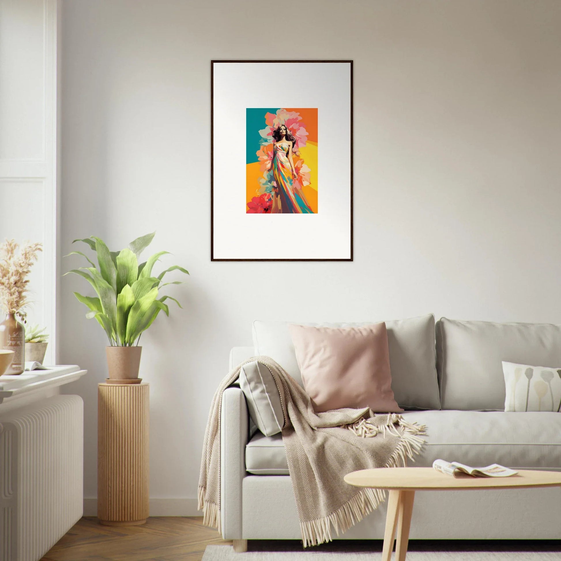 Colorful abstract framed wall art featuring a stylized figure for modern room decor