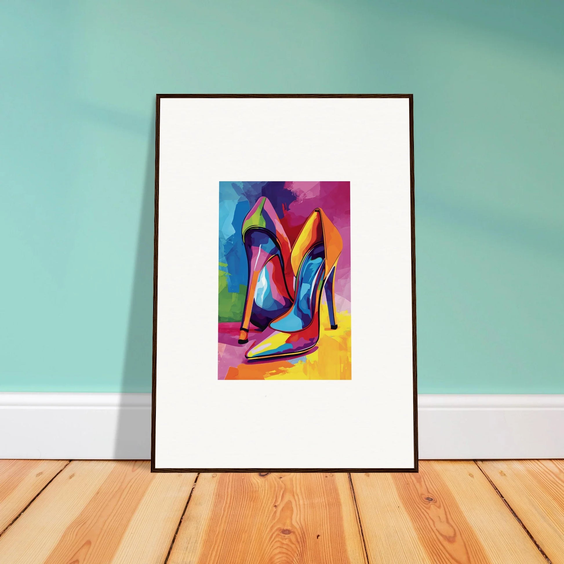 Framed wall art of colorful abstract high-heeled shoes for stylish room decor