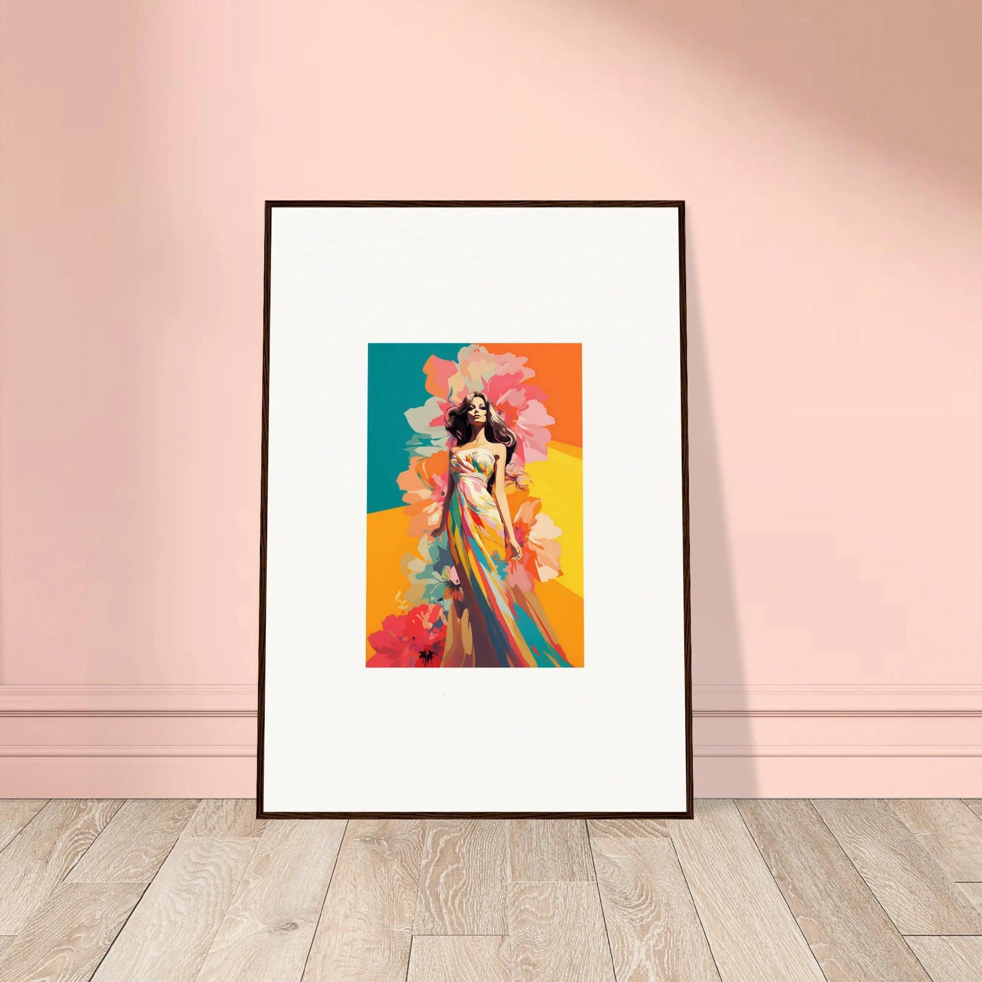 Framed wall art of colorful abstract figure amid floral elements for vibrant room decor