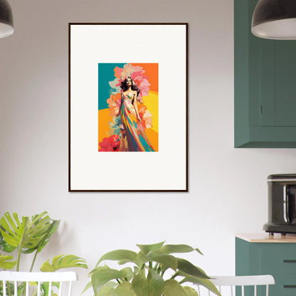 Framed wall art of colorful abstract female figure with floral elements for room decor