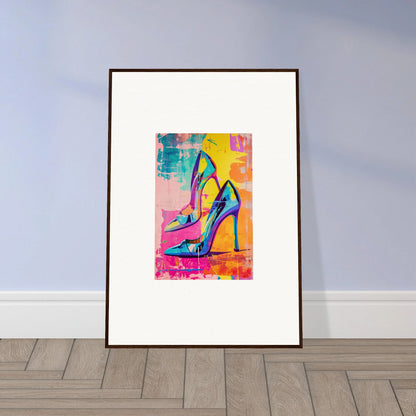 Framed colorful abstract painting of high-heeled shoes for stylish room decor