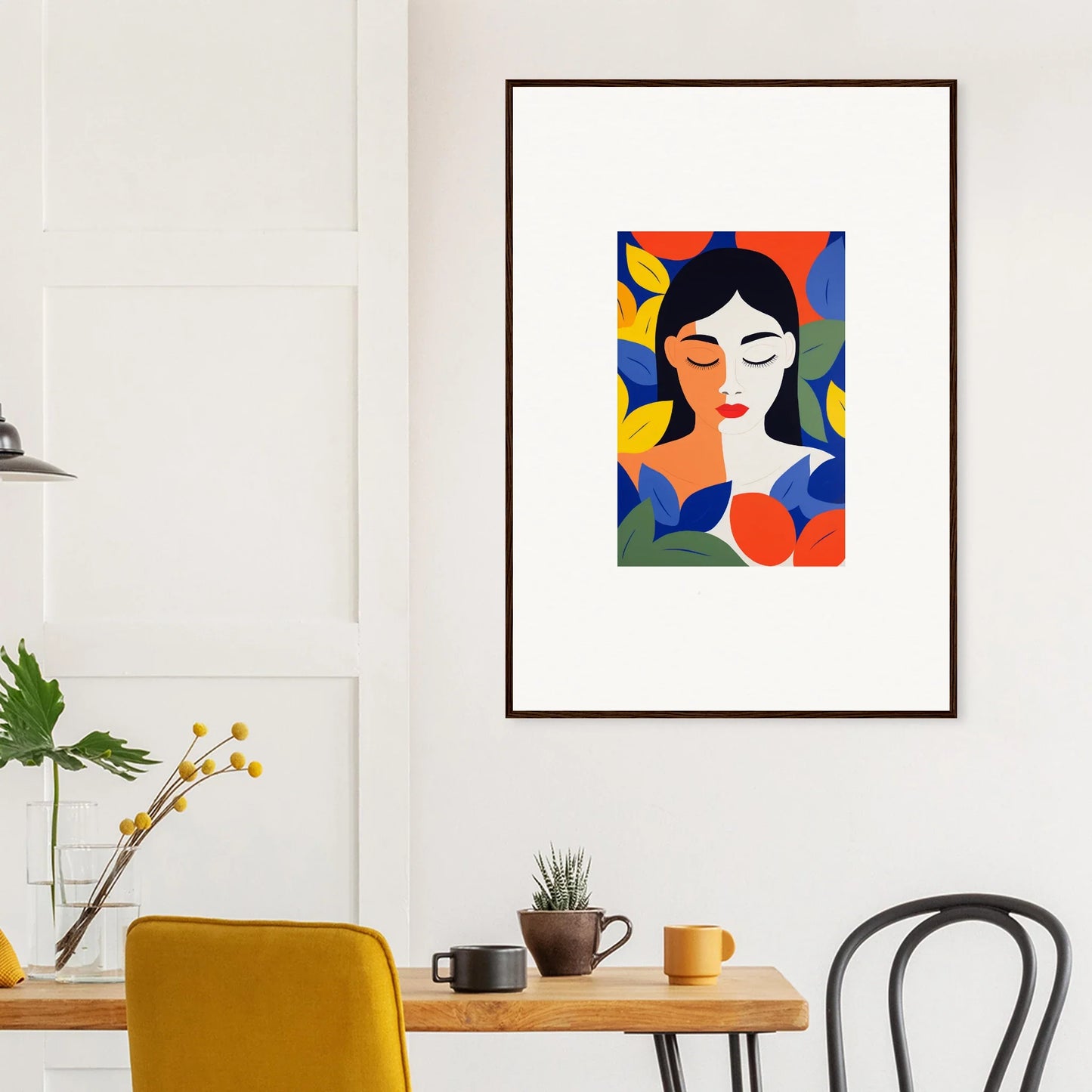 Framed colorful abstract portrait of a woman with floral elements for room decor