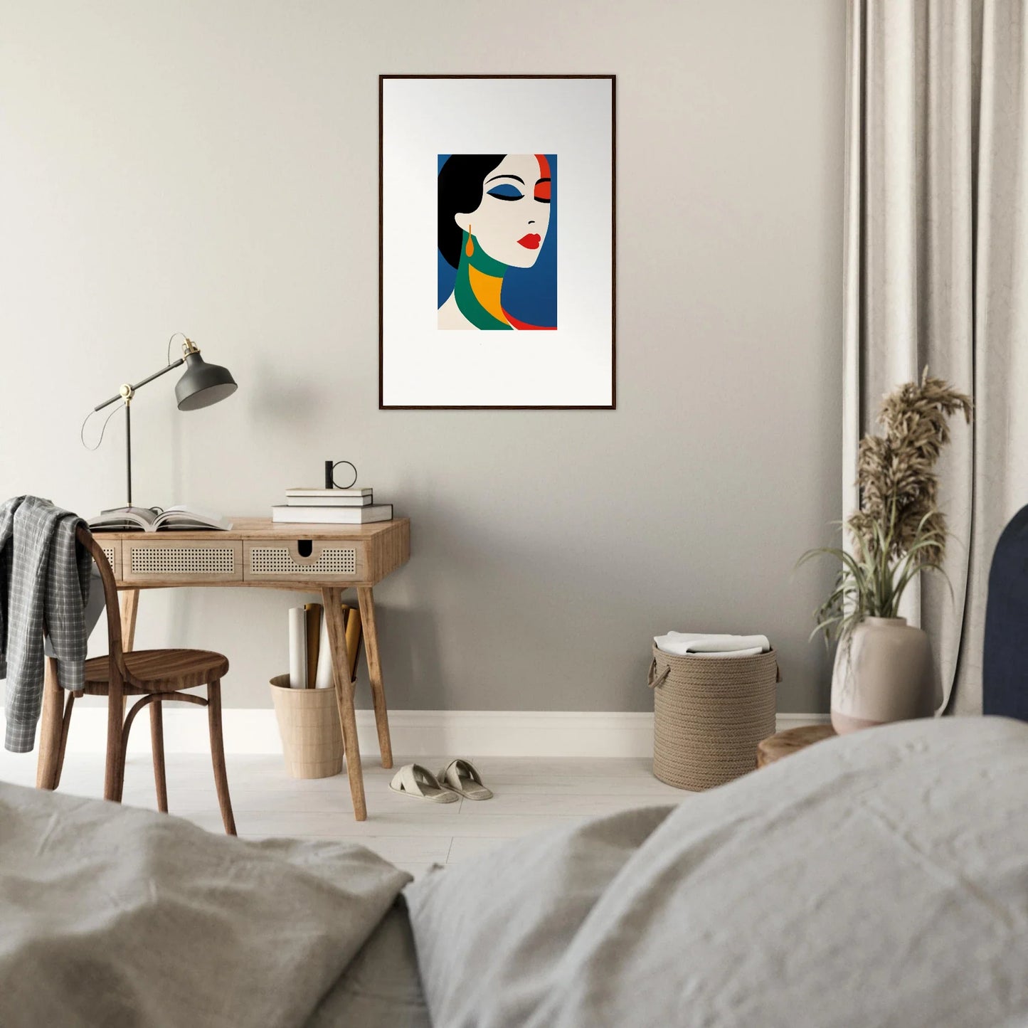 Framed wall art featuring a colorful abstract woman’s face, perfect for a Prism Reverie theme