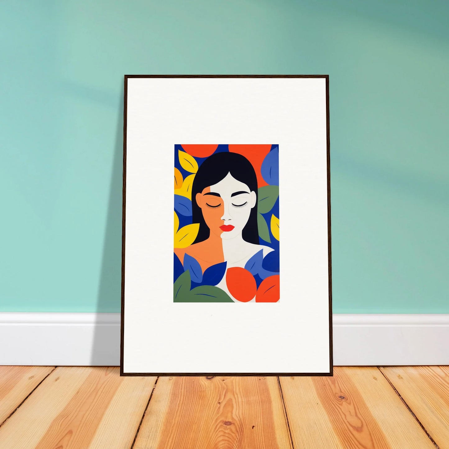 Framed wall art of colorful abstract woman portrait for stylish room decor