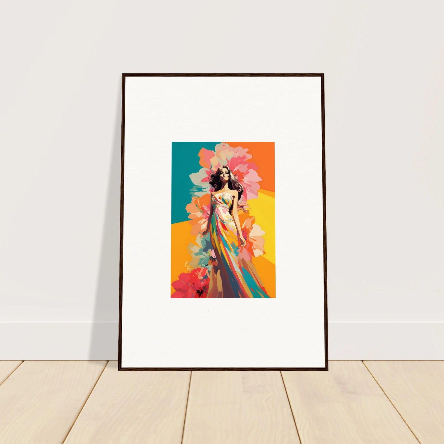 Framed wall art of a colorful female figure for vibrant room decor