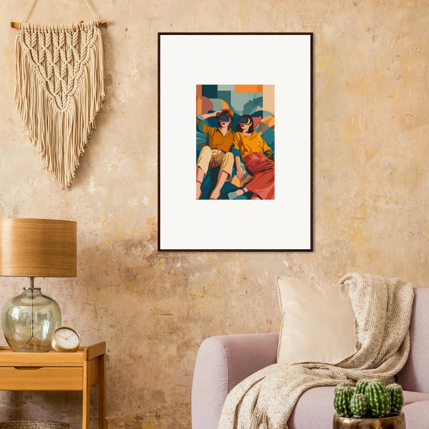 Framed wall art of vibrant figures, perfect room decor for an Ethereal Matrix Enigma