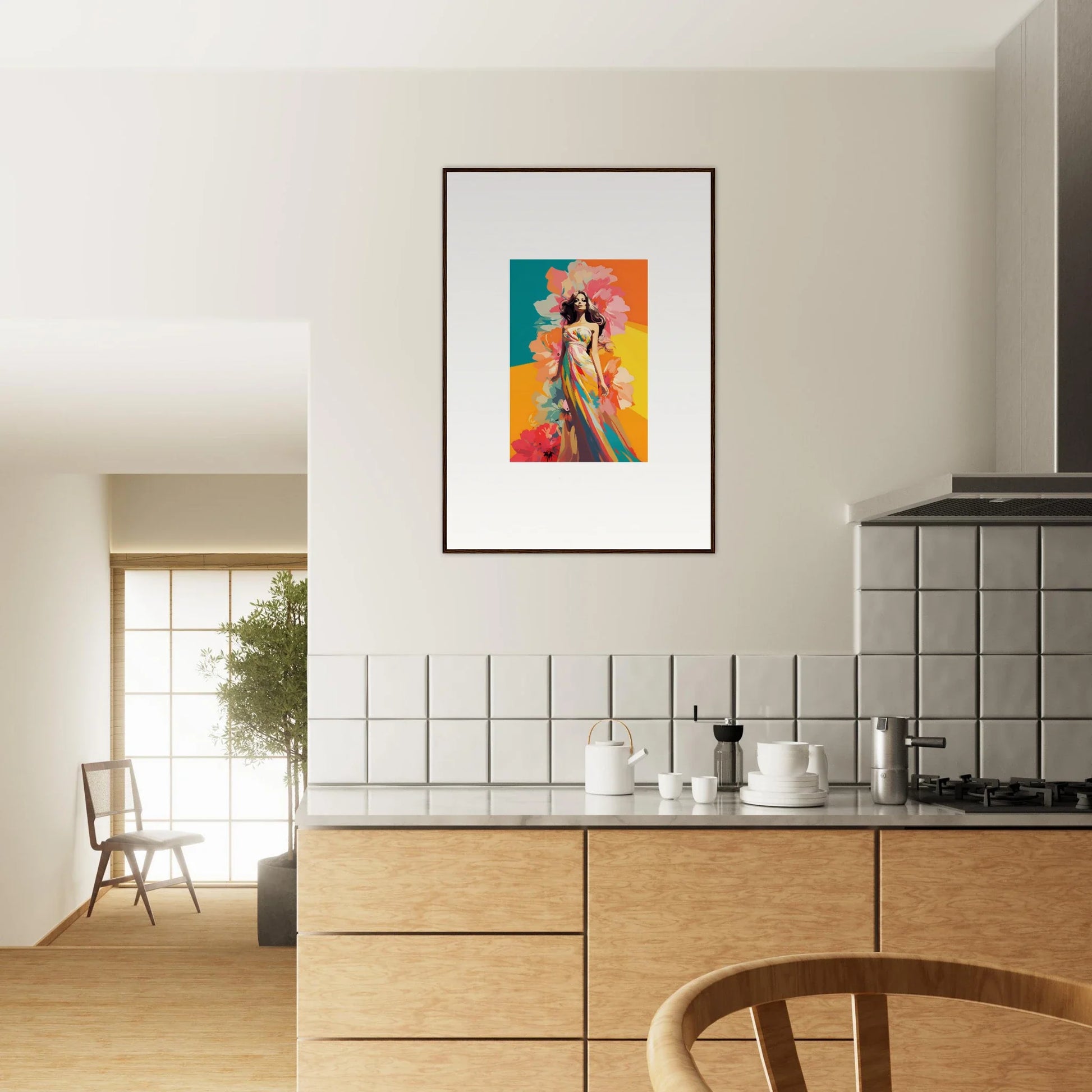 Framed wall art of a figure in a flowing dress, perfect for vibrant room decor