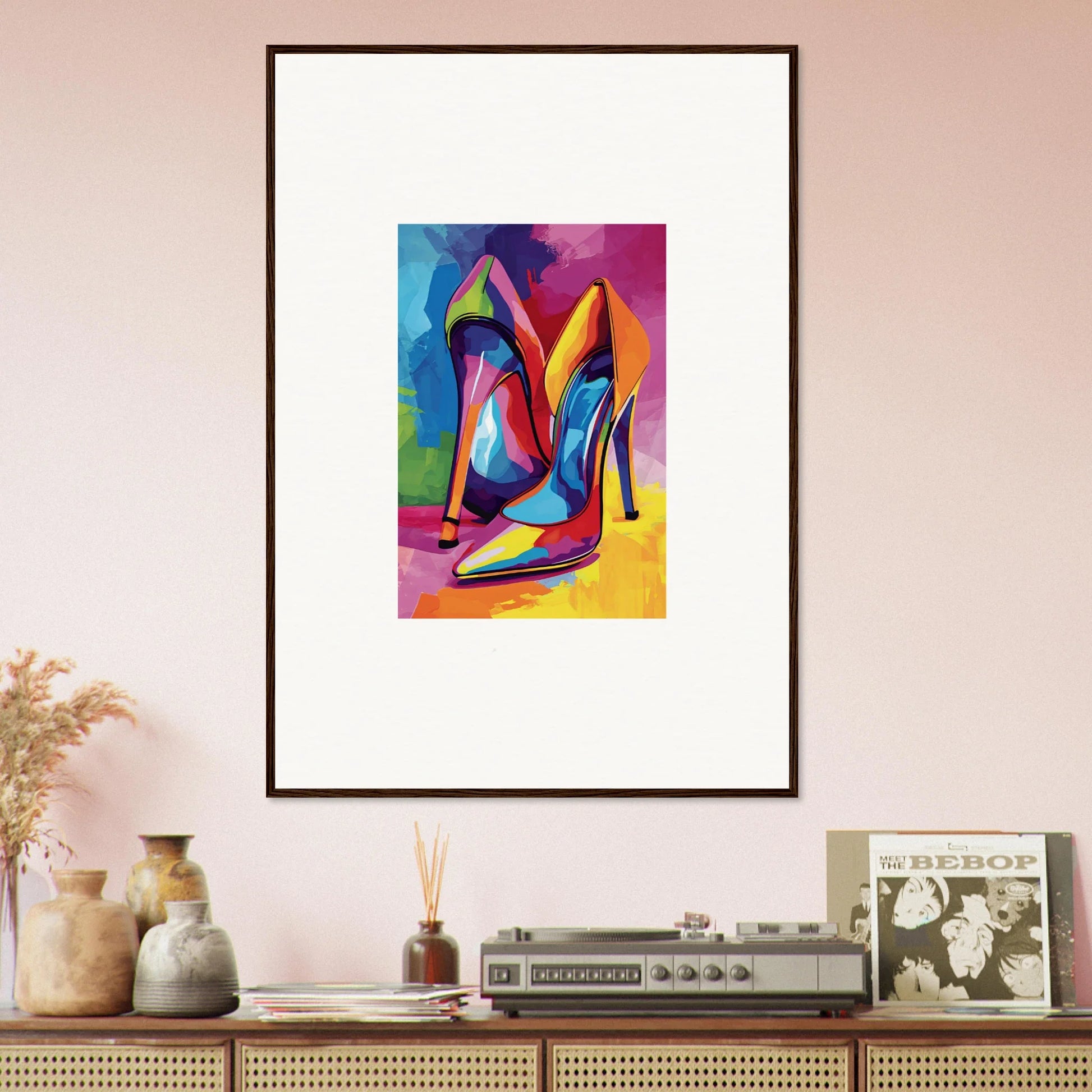 Framed wall art of colorful high-heeled shoes for stylish room decor