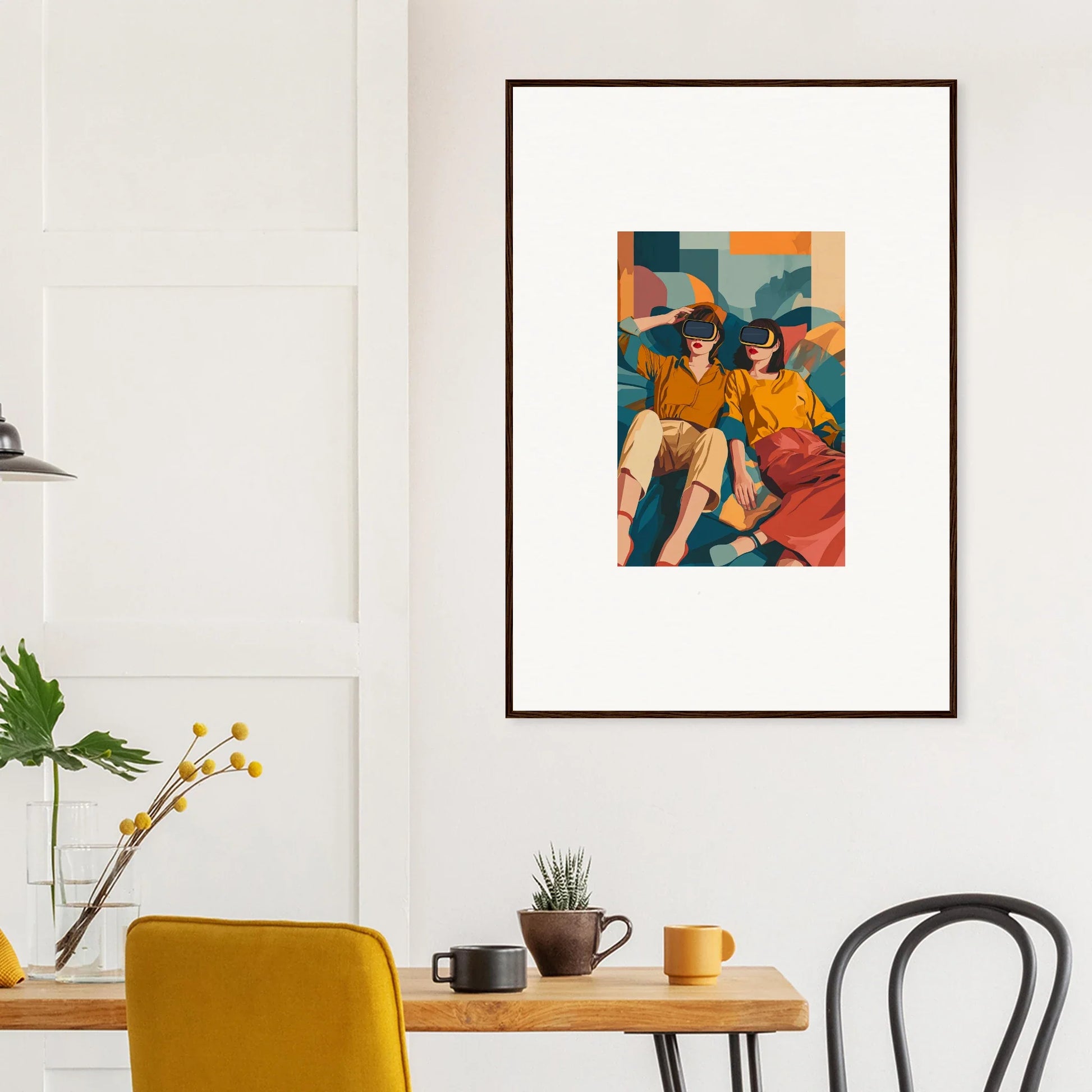 Framed wall art of vibrant figures in yellow and orange for stylish room decor