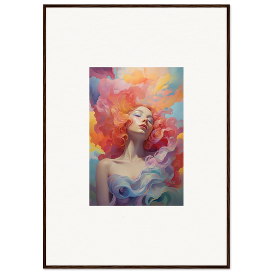 Framed wall art of a woman in prayer dance with flowing hair and vibrant background