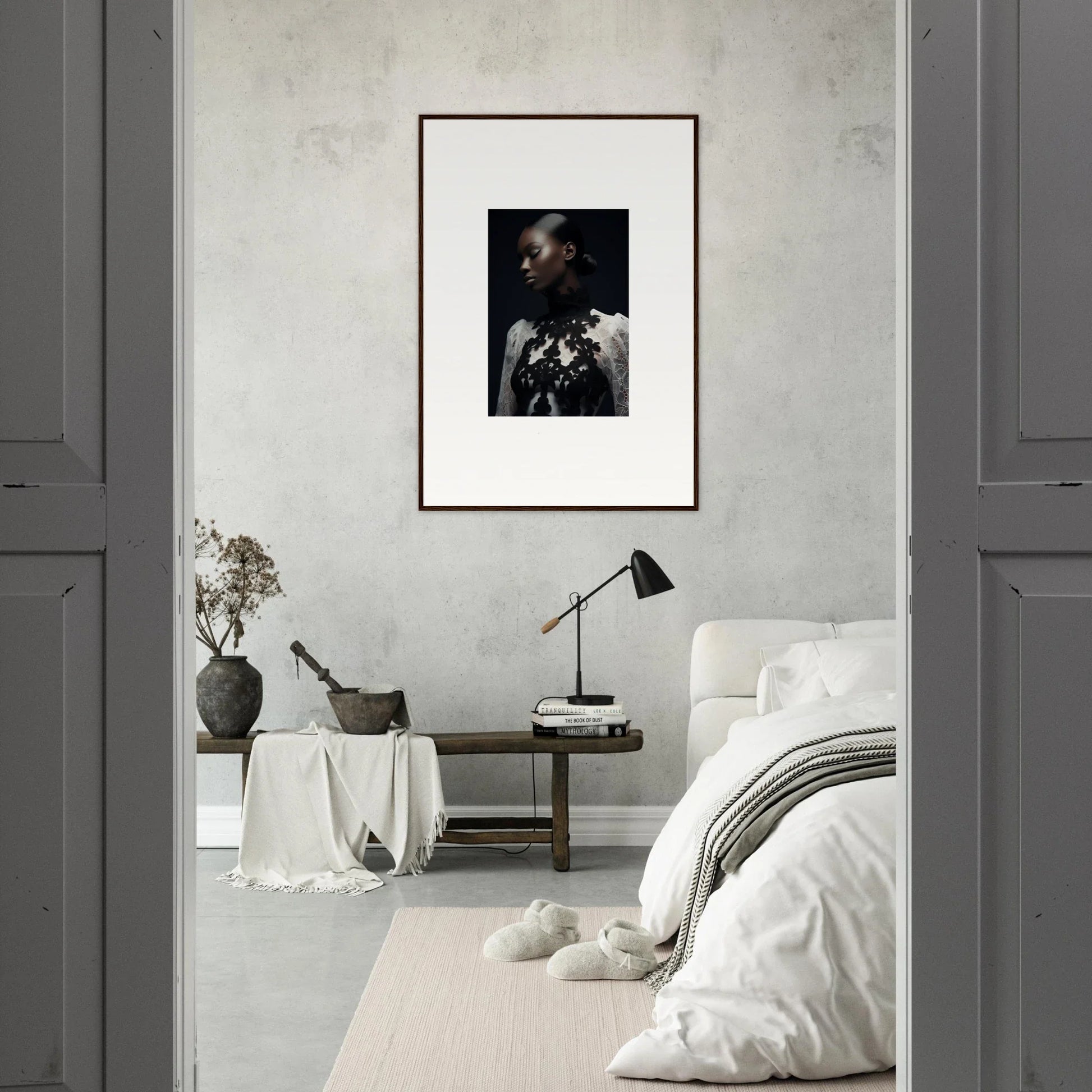 Framed dark portrait photograph as elegant wall art enhancing room decor