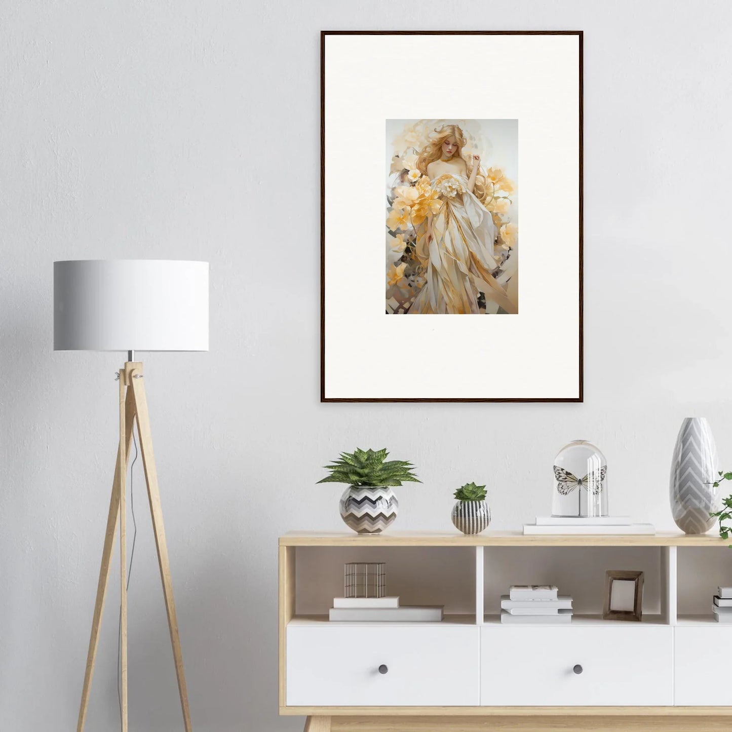 Framed wall art of Ethereal Blossom Sway in yellow tones for elegant room decor