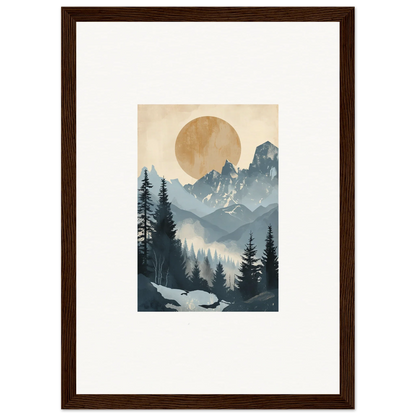 Framed wall art featuring Ephemeral Alpine Serenade with misty mountains and golden sun