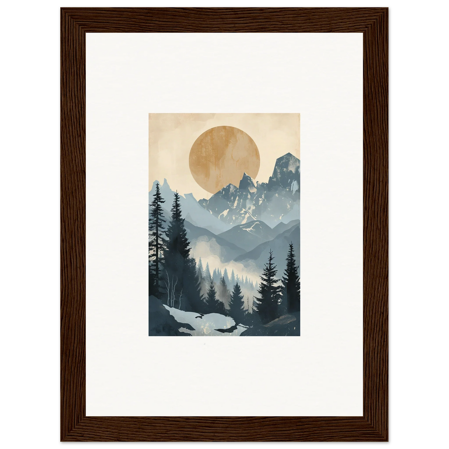 Framed wall art of Ephemeral Alpine Serenade featuring mountains and a golden sun