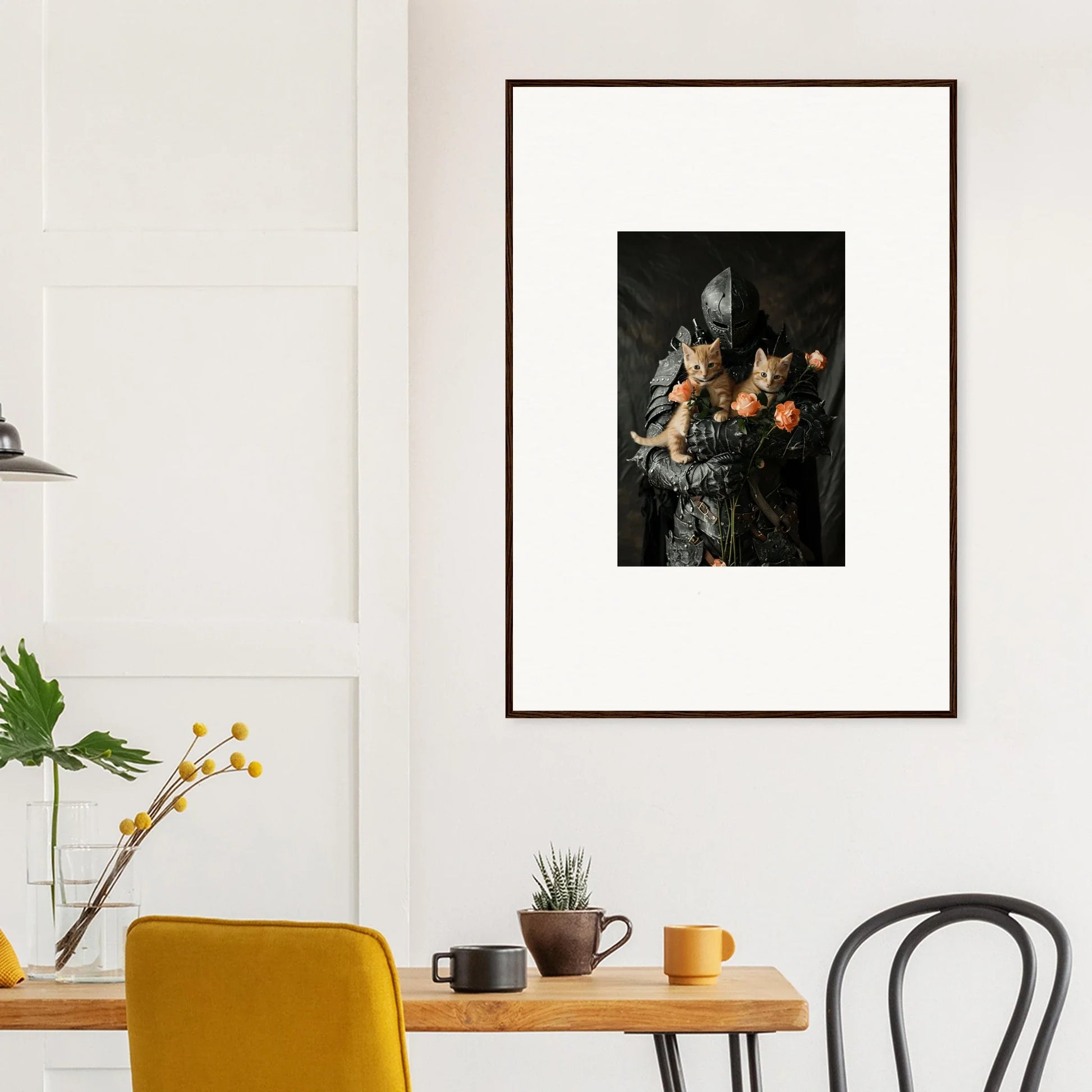 Framed wall art still life painting of fruit and glass, perfect room decor, Feline Serenade