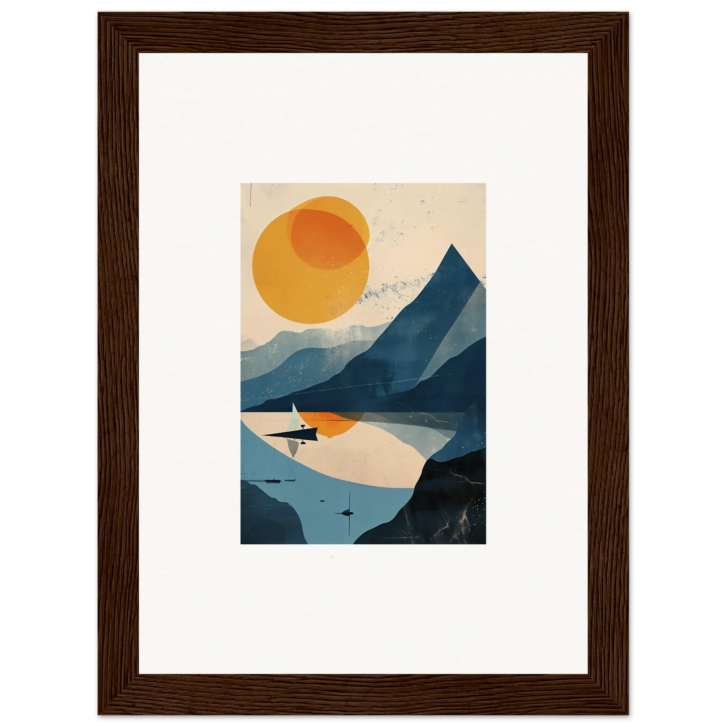 Framed wall art featuring a minimalist mountainous landscape with a serene lake and sun