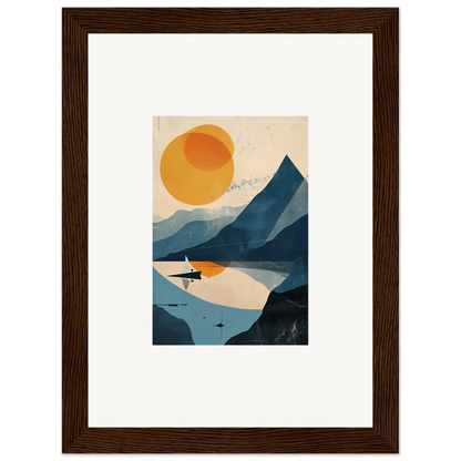 Framed wall art featuring a minimalist mountainous landscape with a serene lake and sun