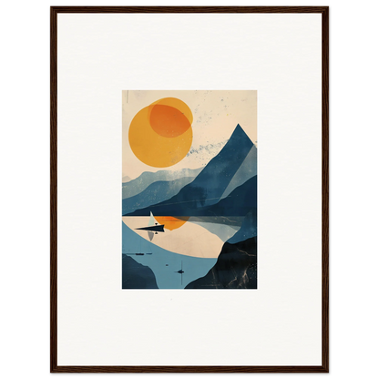 Framed wall art of a serene mountainous landscape with lake and sun for stylish room decor