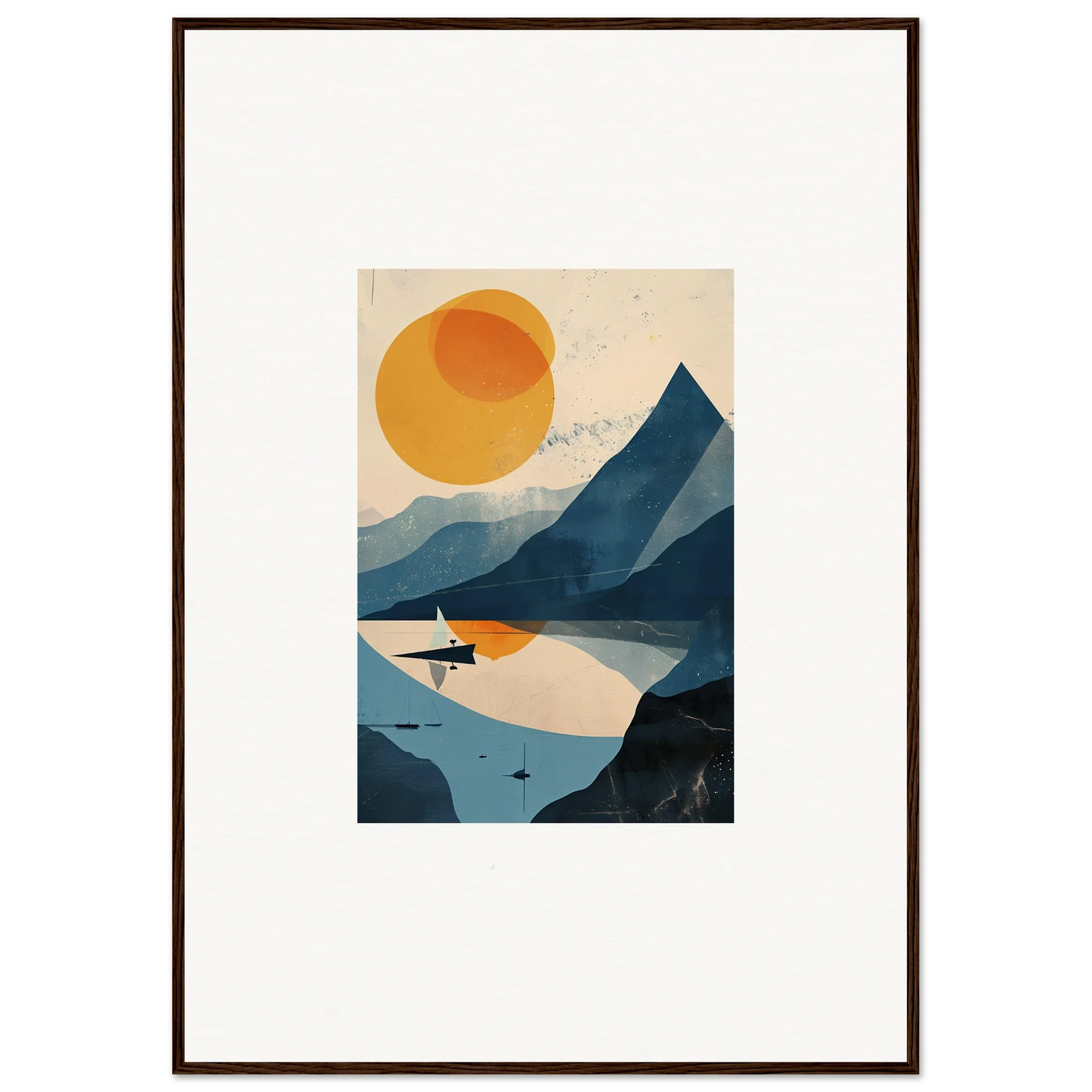 Framed wall art featuring a minimalist mountain landscape with lake and sun for room decor