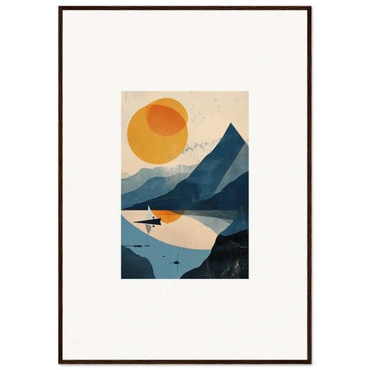 Framed wall art featuring a minimalist mountain landscape with lake and sun for room decor