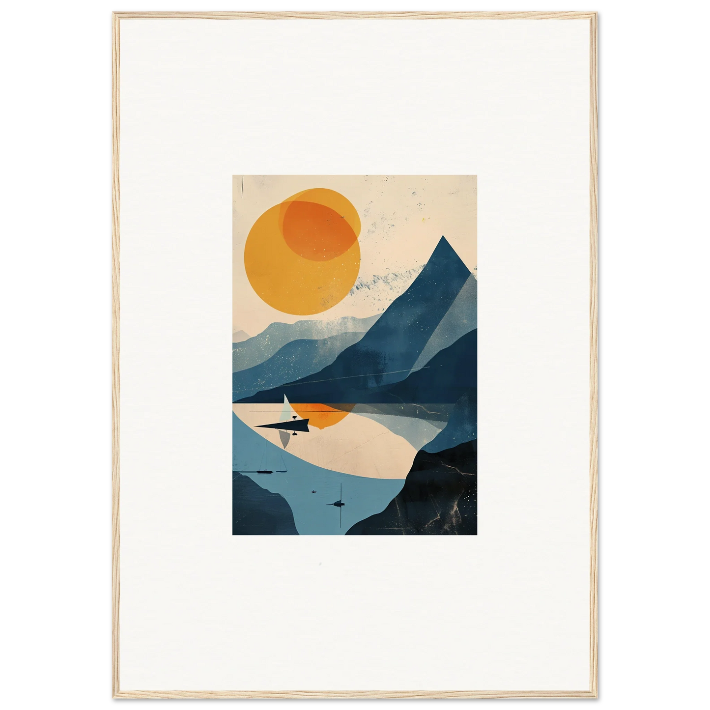 Framed wall art of a serene mountainous landscape with lake and sun for room decor