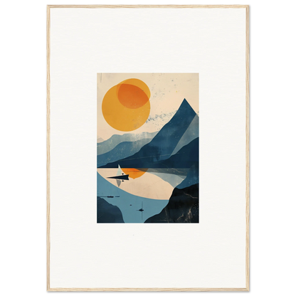 Framed wall art of a serene mountainous landscape with lake and sun for room decor