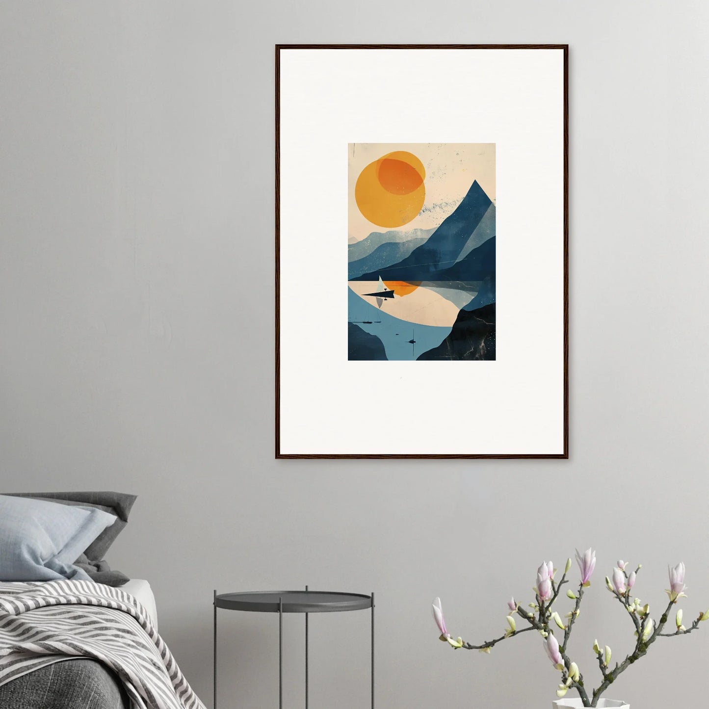 Framed wall art of a minimalist mountainous landscape for stylish room decor