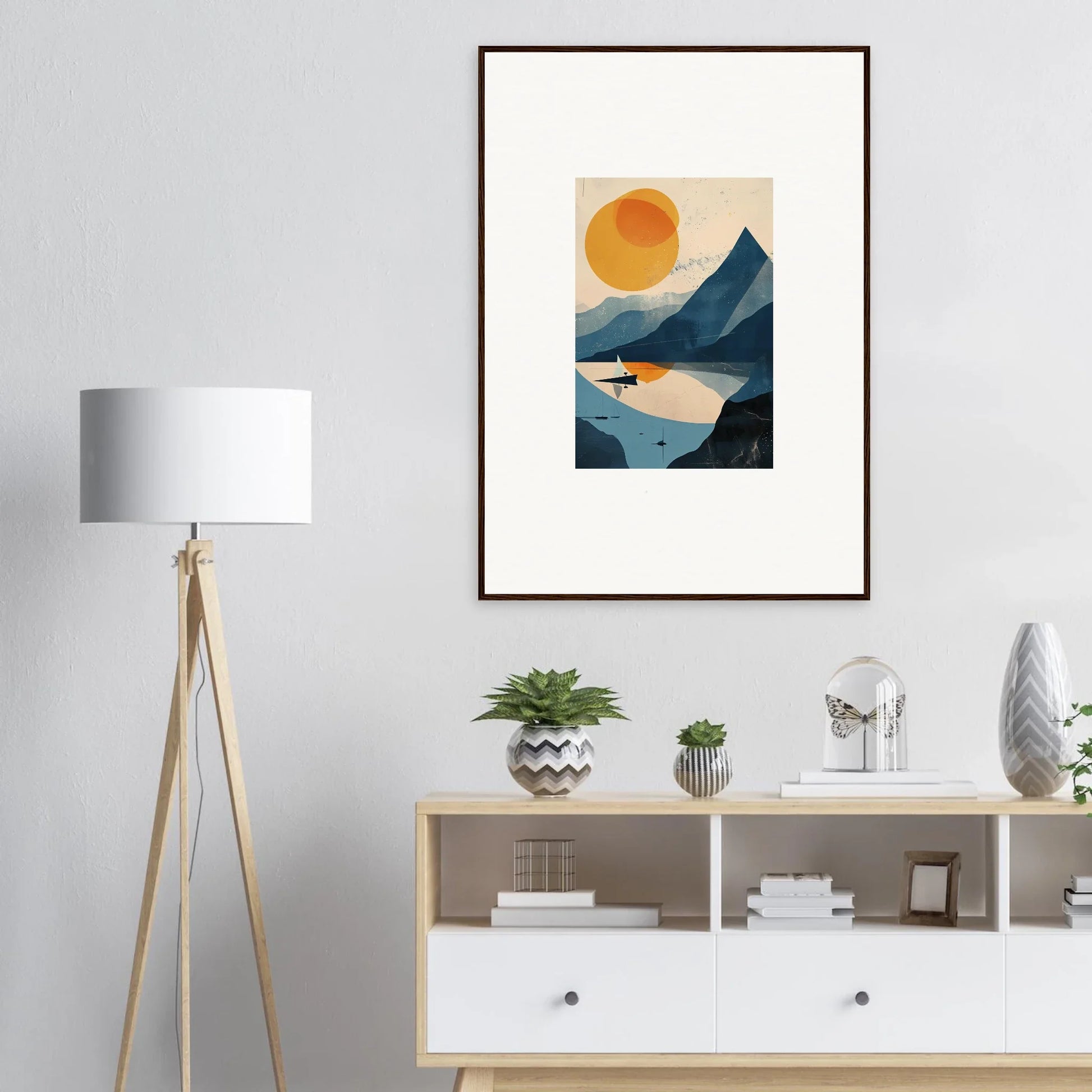 Framed wall art featuring mountains, sun, and airplane, perfect for room decor