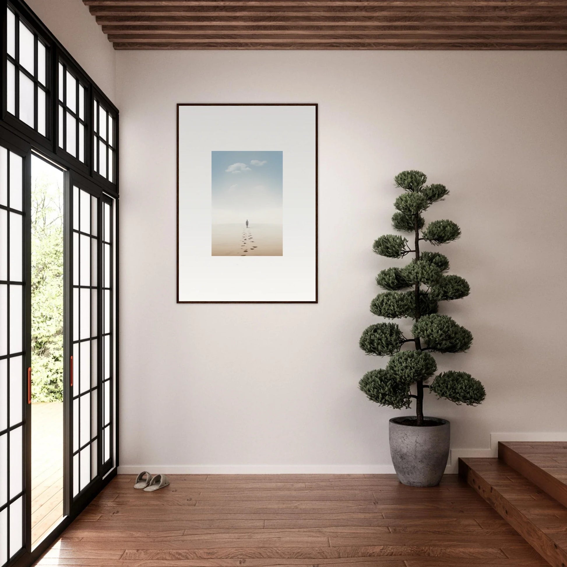 Framed wall art of a solitary figure on a beach evokes entwined nostalgia in room decor