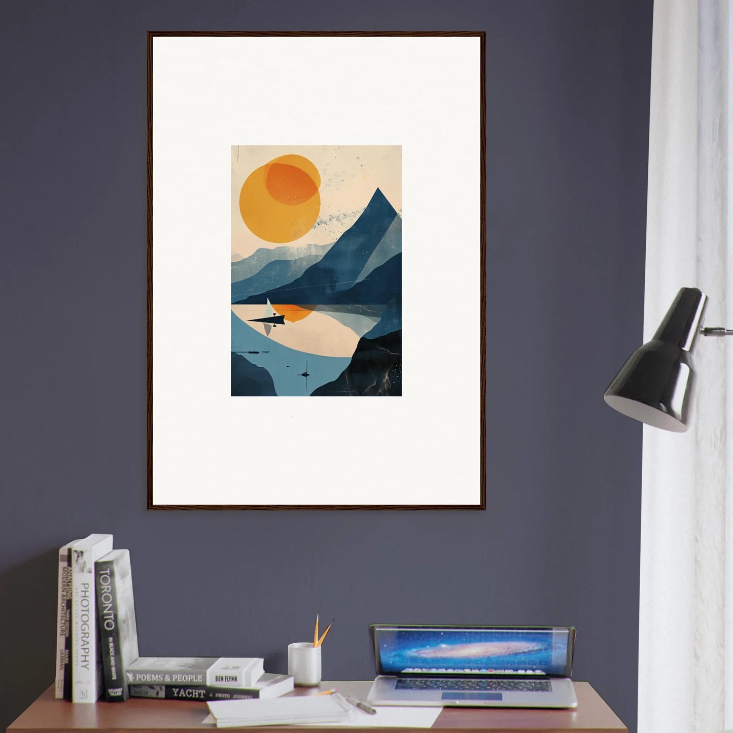 Framed wall art of a sunset over mountains with a surfer, perfect for room decor