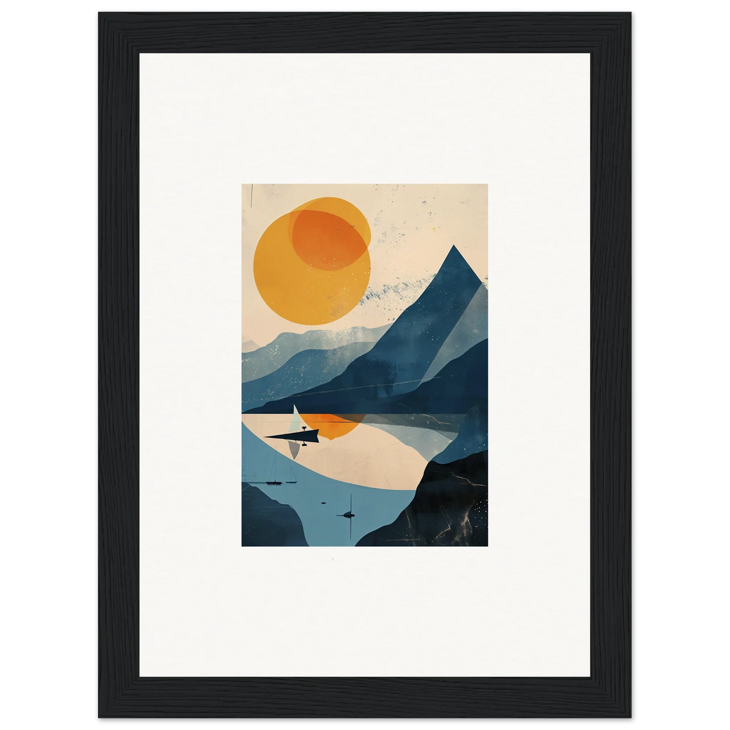 Framed minimalist landscape wall art featuring mountains, lake, and sun for room decor