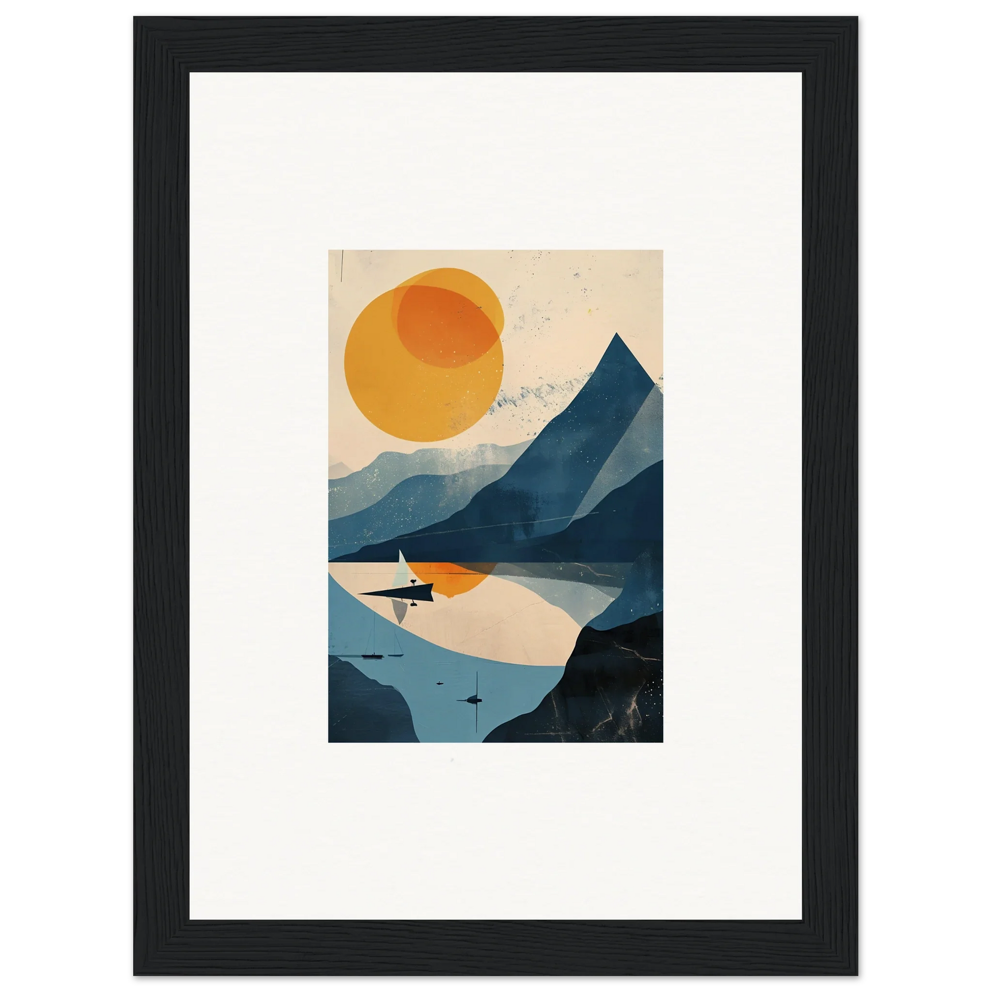 Framed minimalist landscape wall art featuring mountains, lake, and sun for room decor