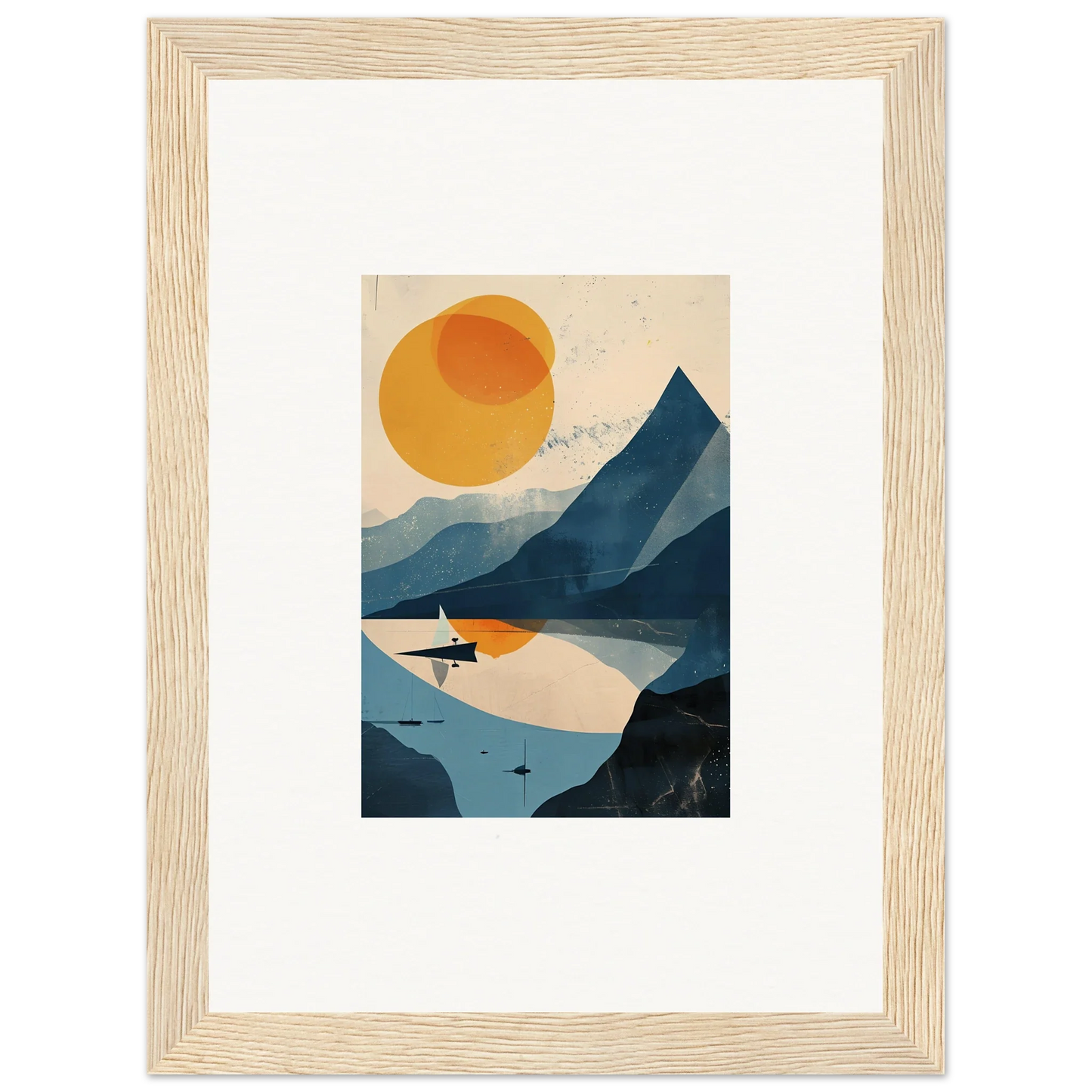 Framed minimalist landscape artwork featuring mountains and a lake for stylish room decor