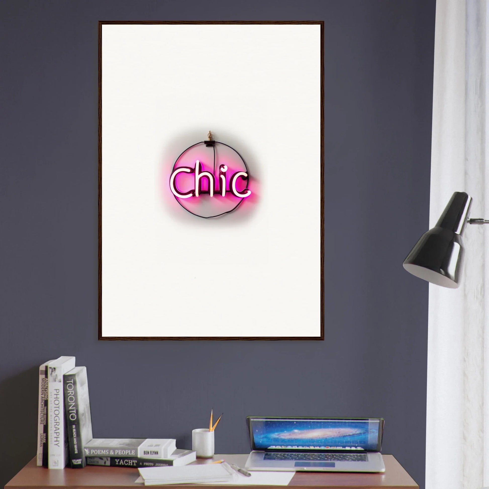 Framed neon-style pink Chic sign for stylish room decor and framed wall art